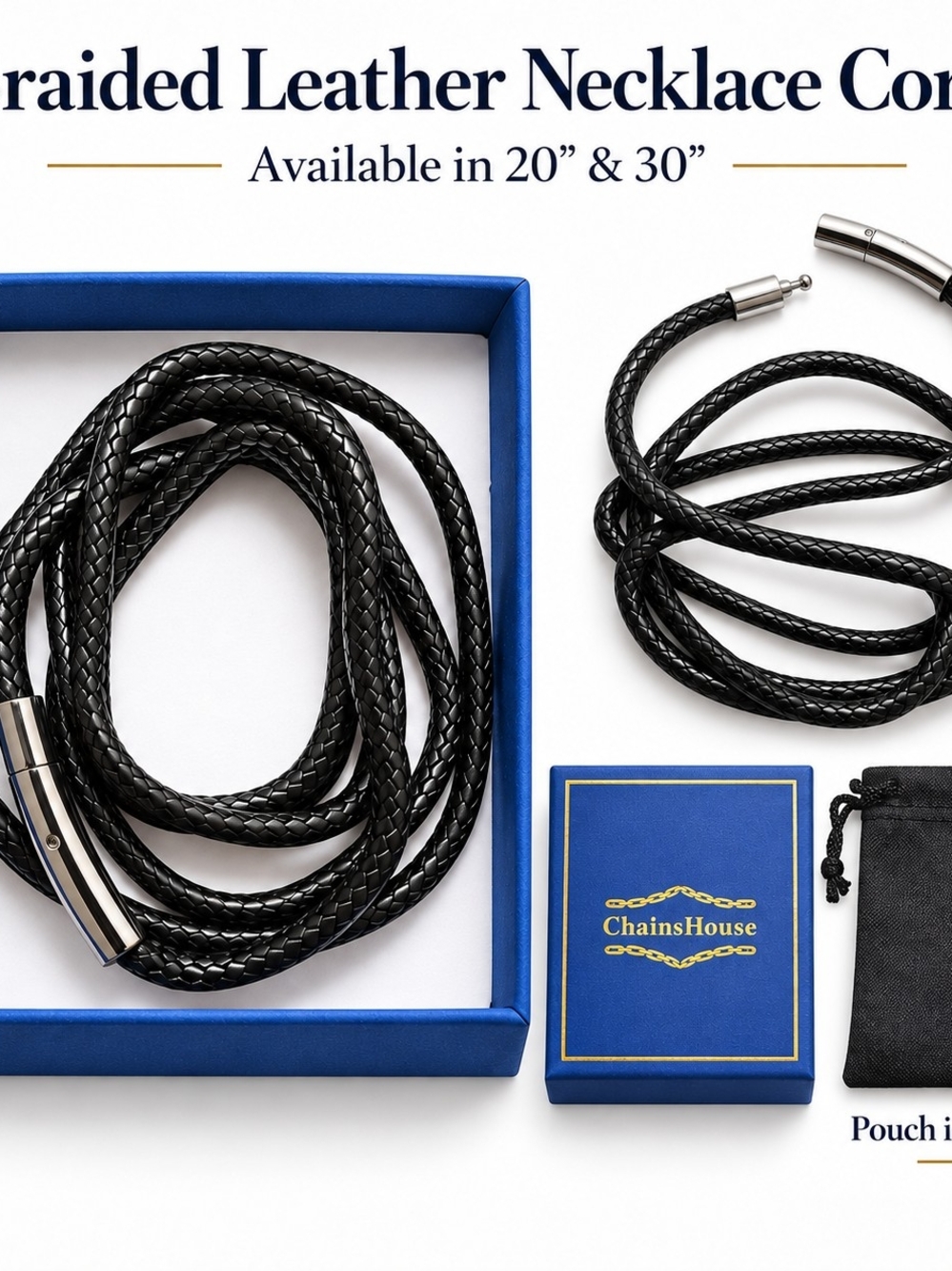 Braided Leather Necklace Cord - Black Available In 20" Or 30"